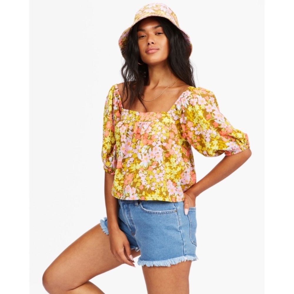 Billabong Floral Beach Daze Square Neck Blouse Puff Sleeve Top